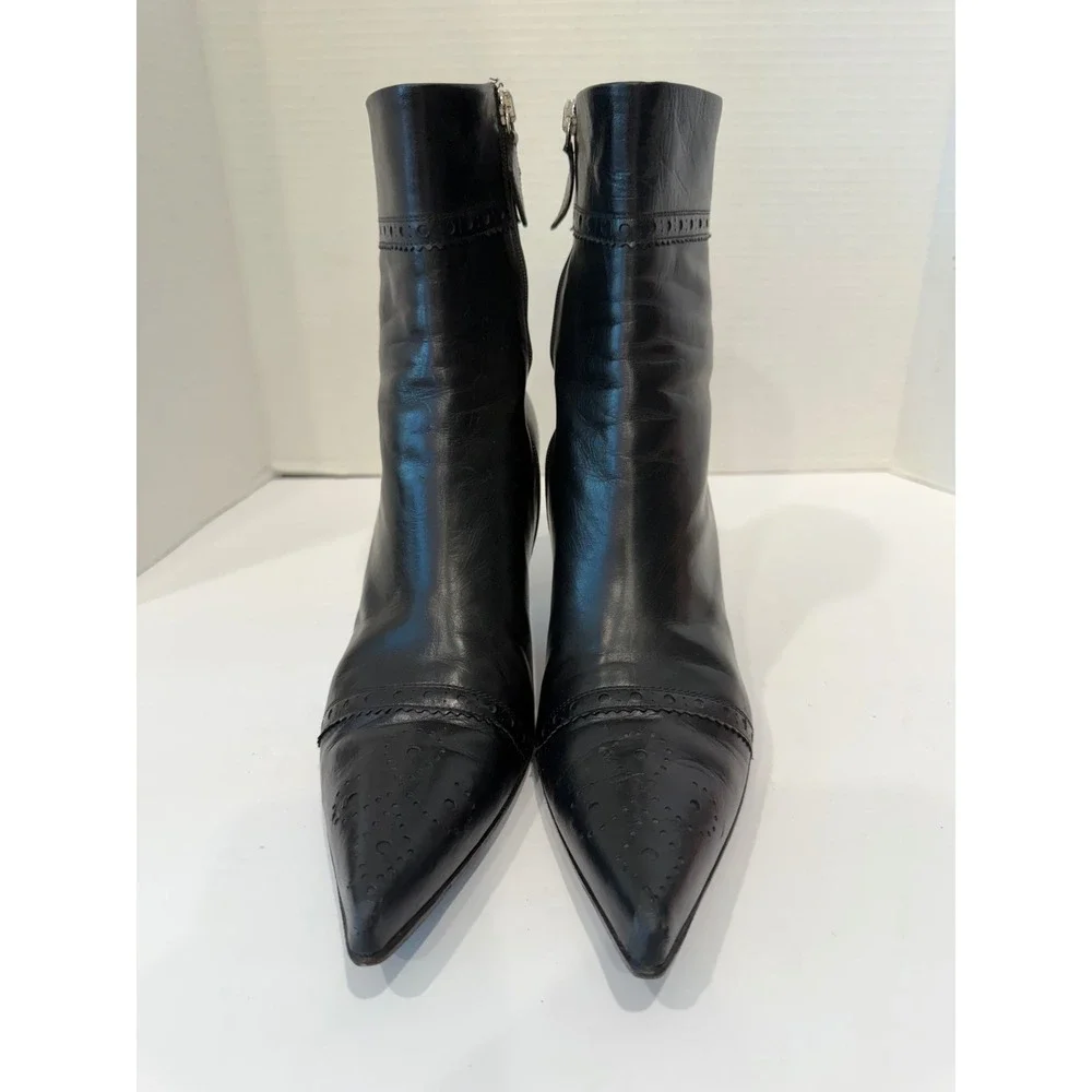 Jil Sander Black Embellished Leather Pointed Toe Kitten Heel Zip Ankle Boots 9